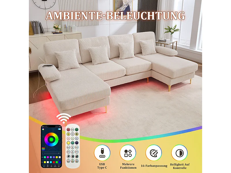 Canapé d'angle panoramique en velours - 4 places - avec LED RGB et Port USB+Type-C - 265x135x88cm - Beige