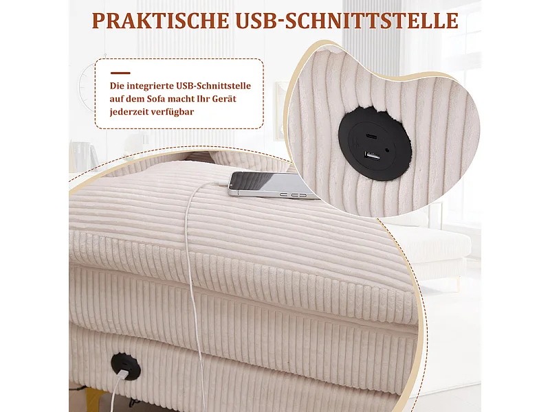 Canapé d'angle panoramique en velours - 4 places - avec LED RGB et Port USB+Type-C - 265x135x88cm - Beige