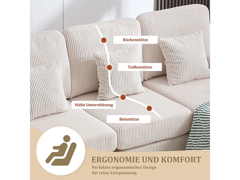 Canapé d'angle panoramique en velours - 4 places - avec LED RGB et Port USB+Type-C - 265x135x88cm - Beige