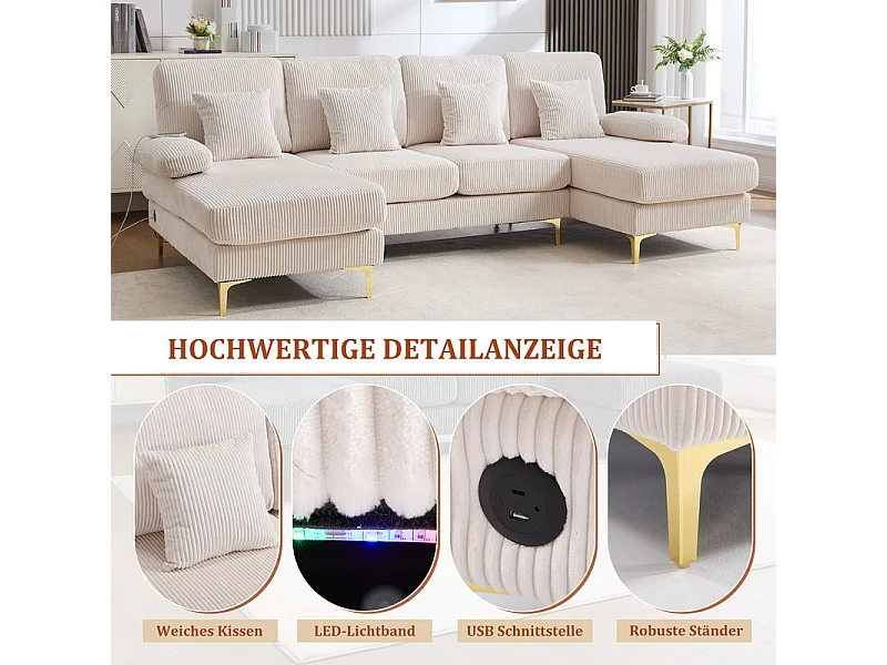 Canapé d'angle panoramique en velours - 4 places - avec LED RGB et Port USB+Type-C - 265x135x88cm - Beige