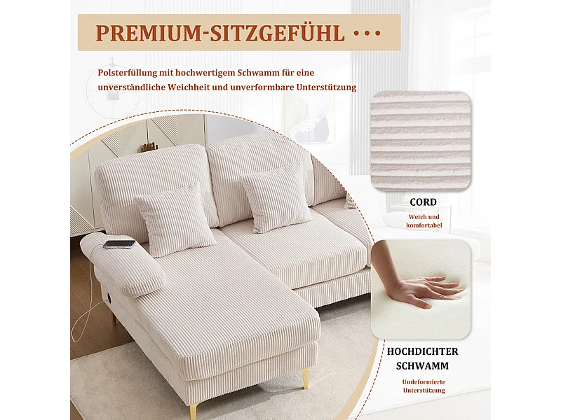 Canapé d'angle panoramique en velours - 4 places - avec LED RGB et Port USB+Type-C - 265x135x88cm - Beige