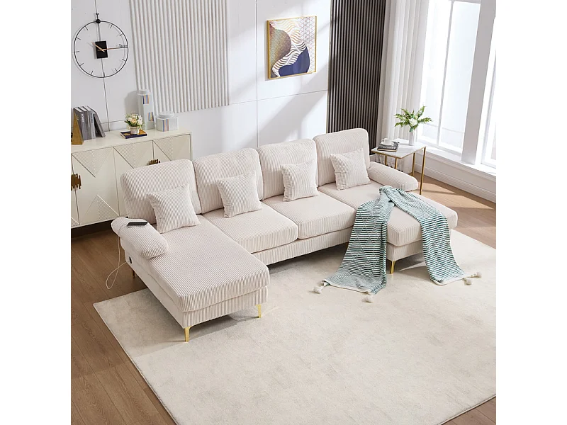 Canapé d'angle panoramique en velours - 4 places - avec LED RGB et Port USB+Type-C - 265x135x88cm - Beige