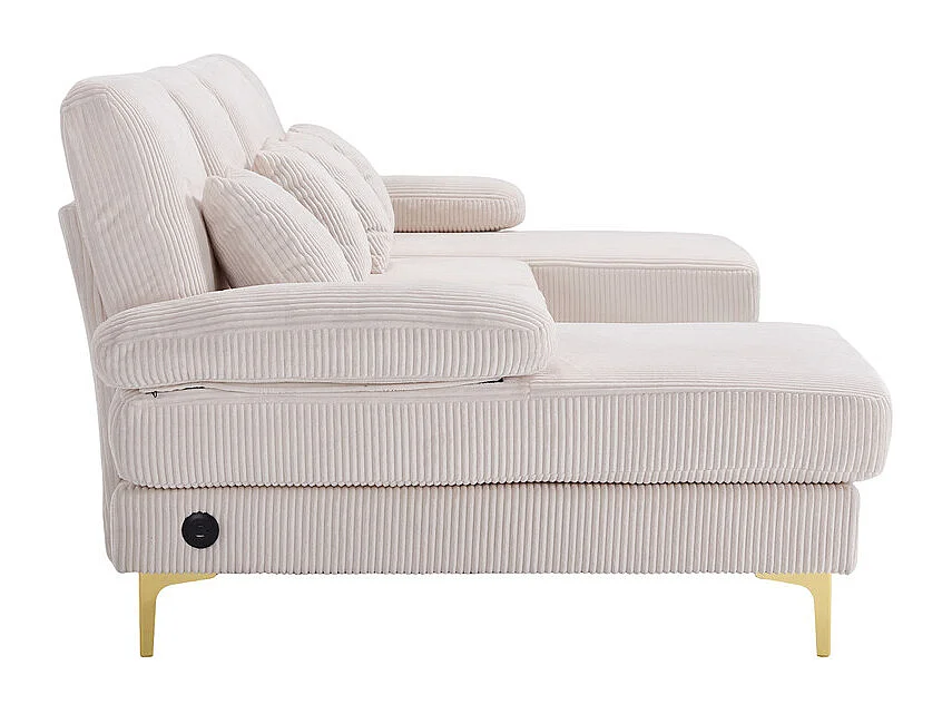 Canapé d'angle panoramique en velours - 4 places - avec LED RGB et Port USB+Type-C - 265x135x88cm - Beige