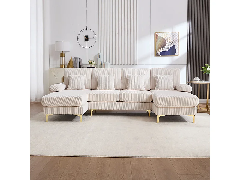 Canapé d'angle panoramique en velours - 4 places - avec LED RGB et Port USB+Type-C - 265x135x88cm - Beige