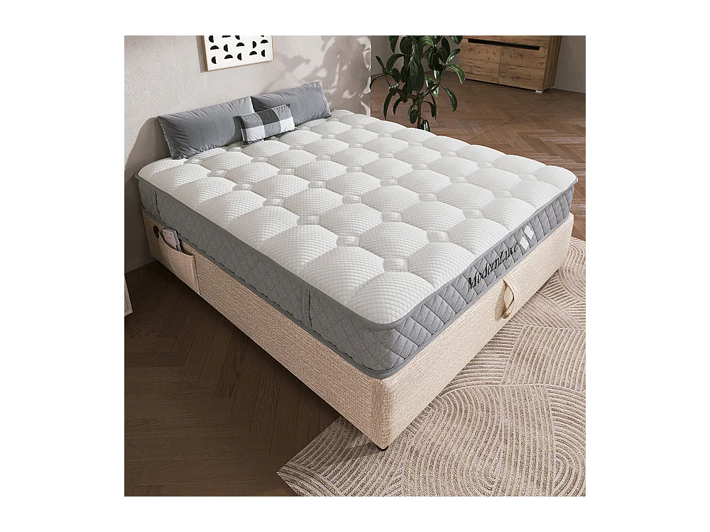Matelas mousse froide 120x200 cm ressorts ensachés 7 zones fermeté H3 moyen 20 cm 4 poignées emballage sous vide