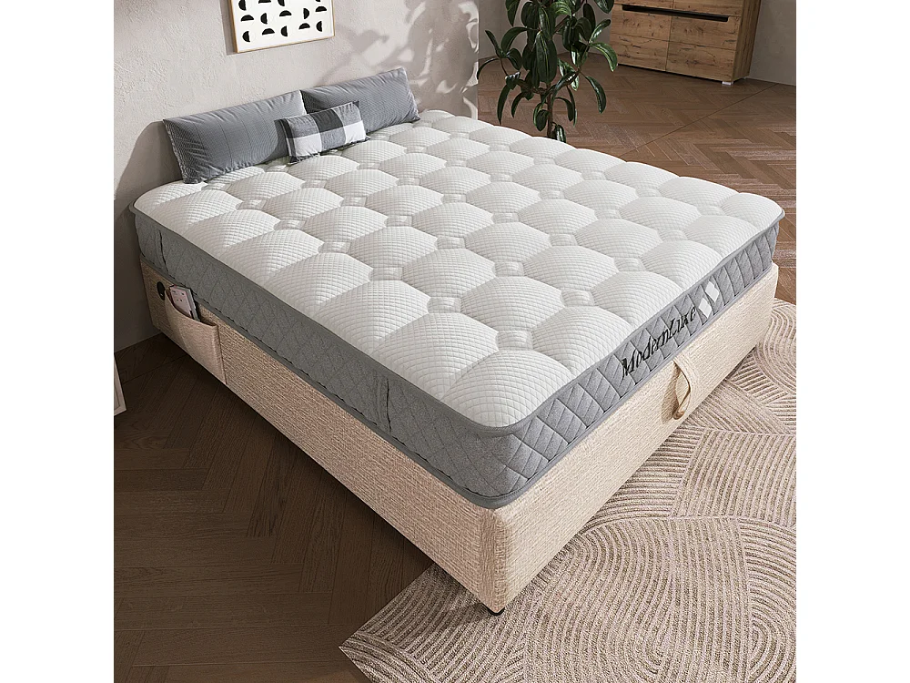 Matelas mousse froide 140x200 cm ressorts ensachés 7 zones fermeté H3 moyen 20 cm 4 poignées emballage sous vide