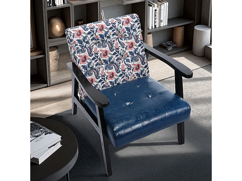 Japanse bijzetbank - blauw/rood bloemencanvas en zwarte PU-armleuningen - Mid-Century vintage design