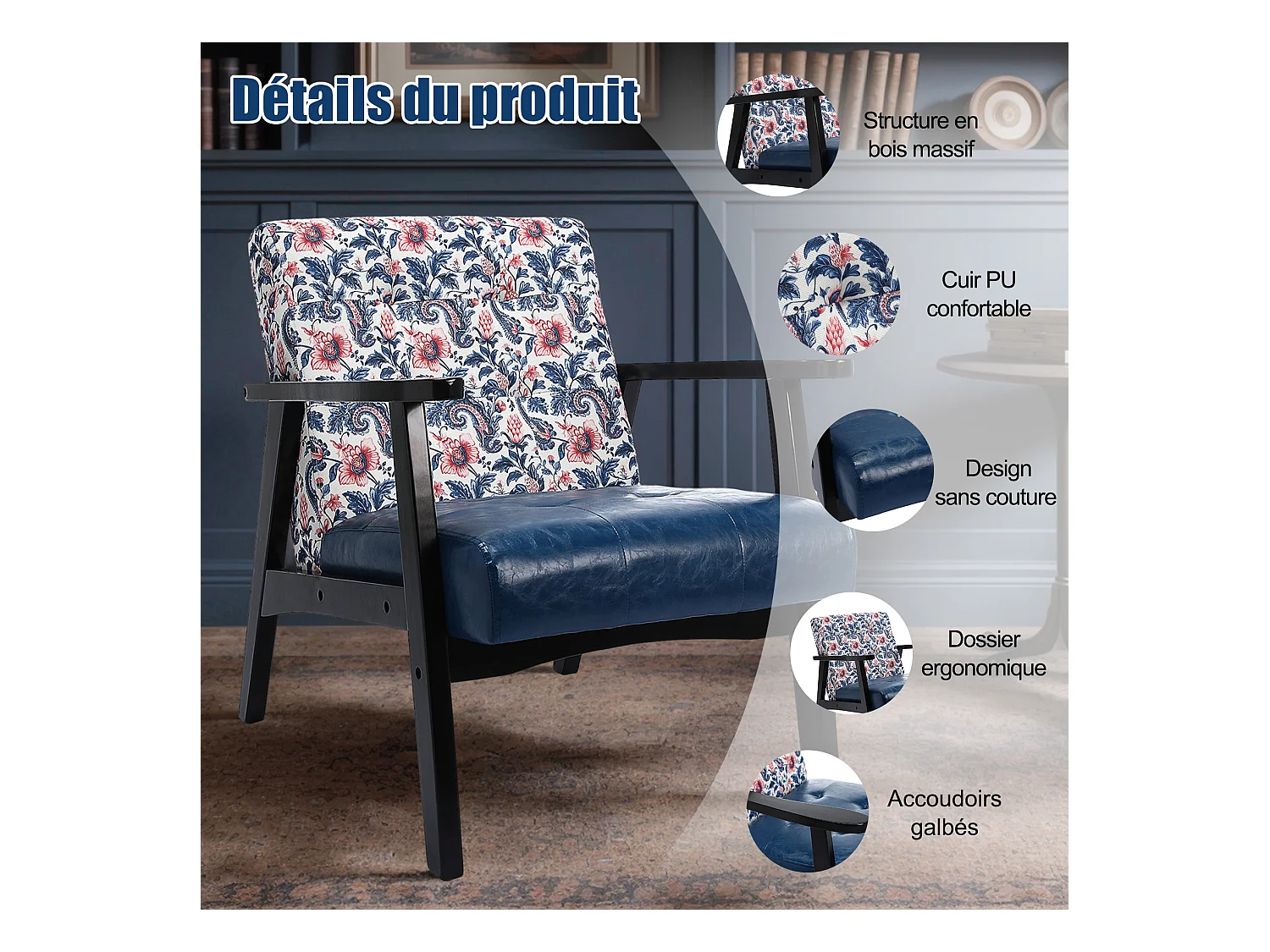 Fauteuil médiéval en bois bleu à motifs imprimés – L 67 x L 76 x H 76 cm