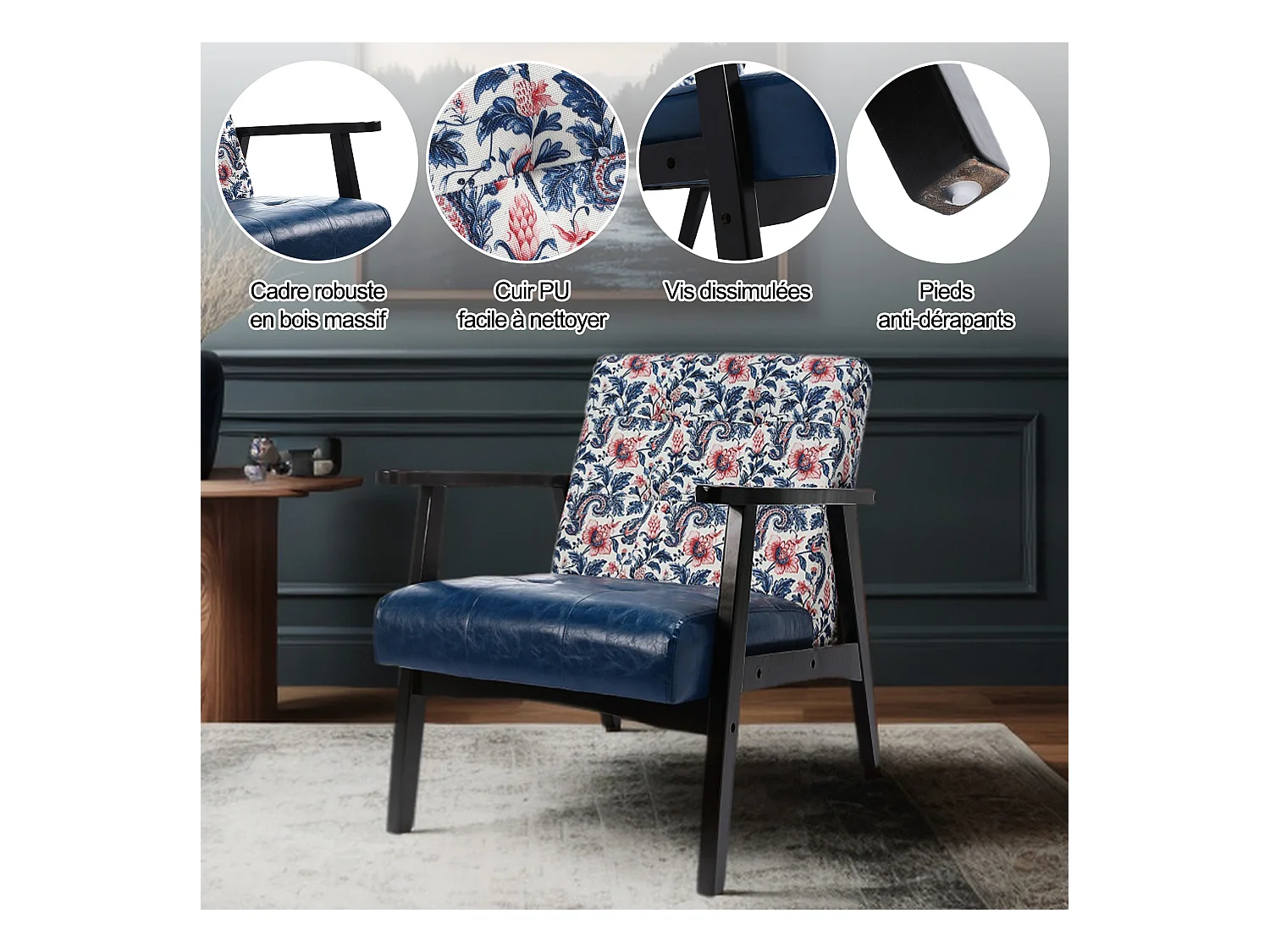 Fauteuil médiéval en bois bleu à motifs imprimés – L 67 x L 76 x H 76 cm