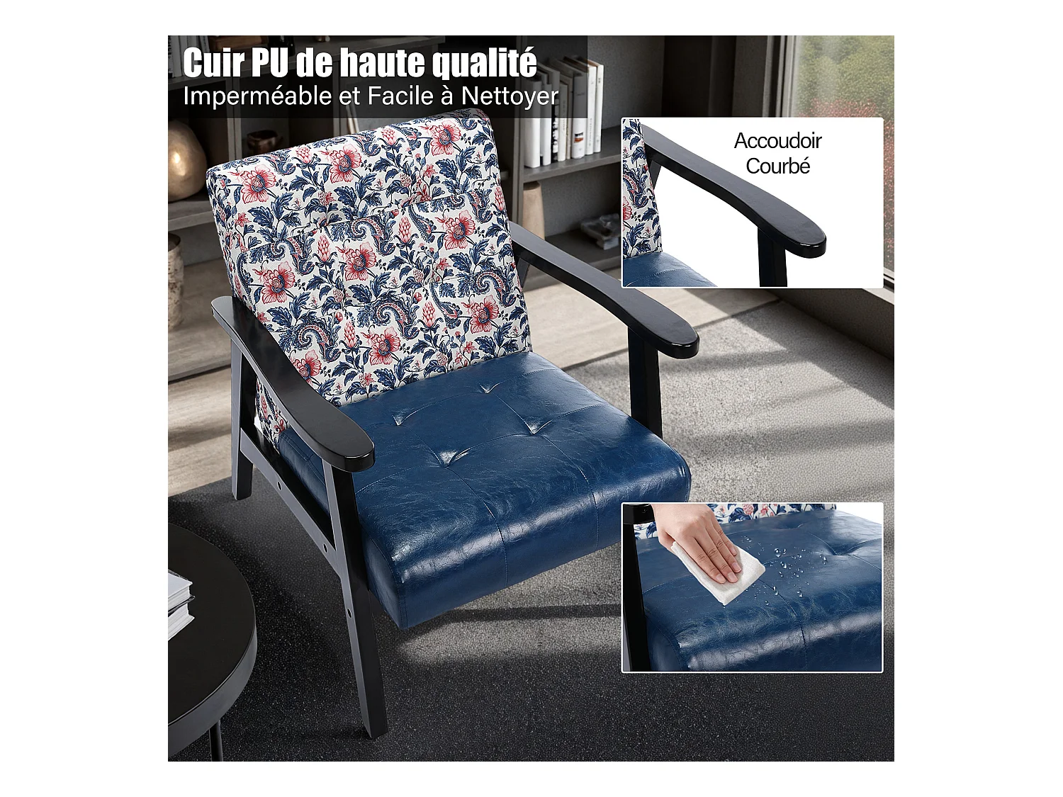 Fauteuil médiéval en bois bleu à motifs imprimés – L 67 x L 76 x H 76 cm