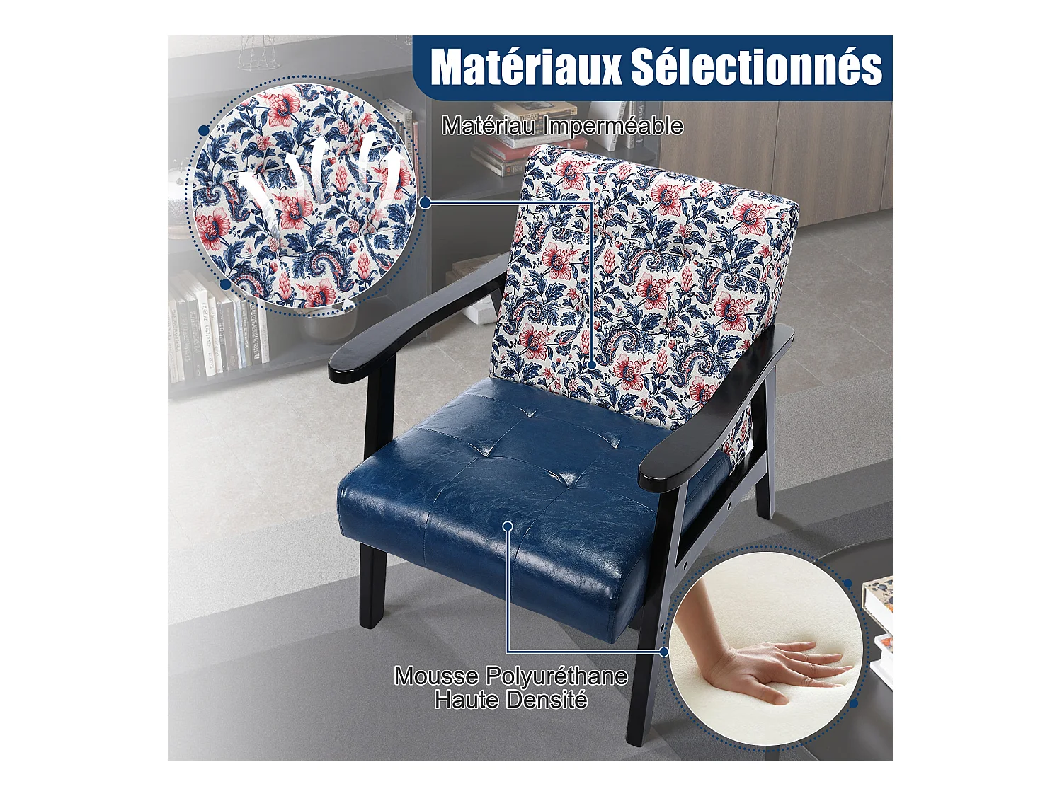 Fauteuil médiéval en bois bleu à motifs imprimés – L 67 x L 76 x H 76 cm