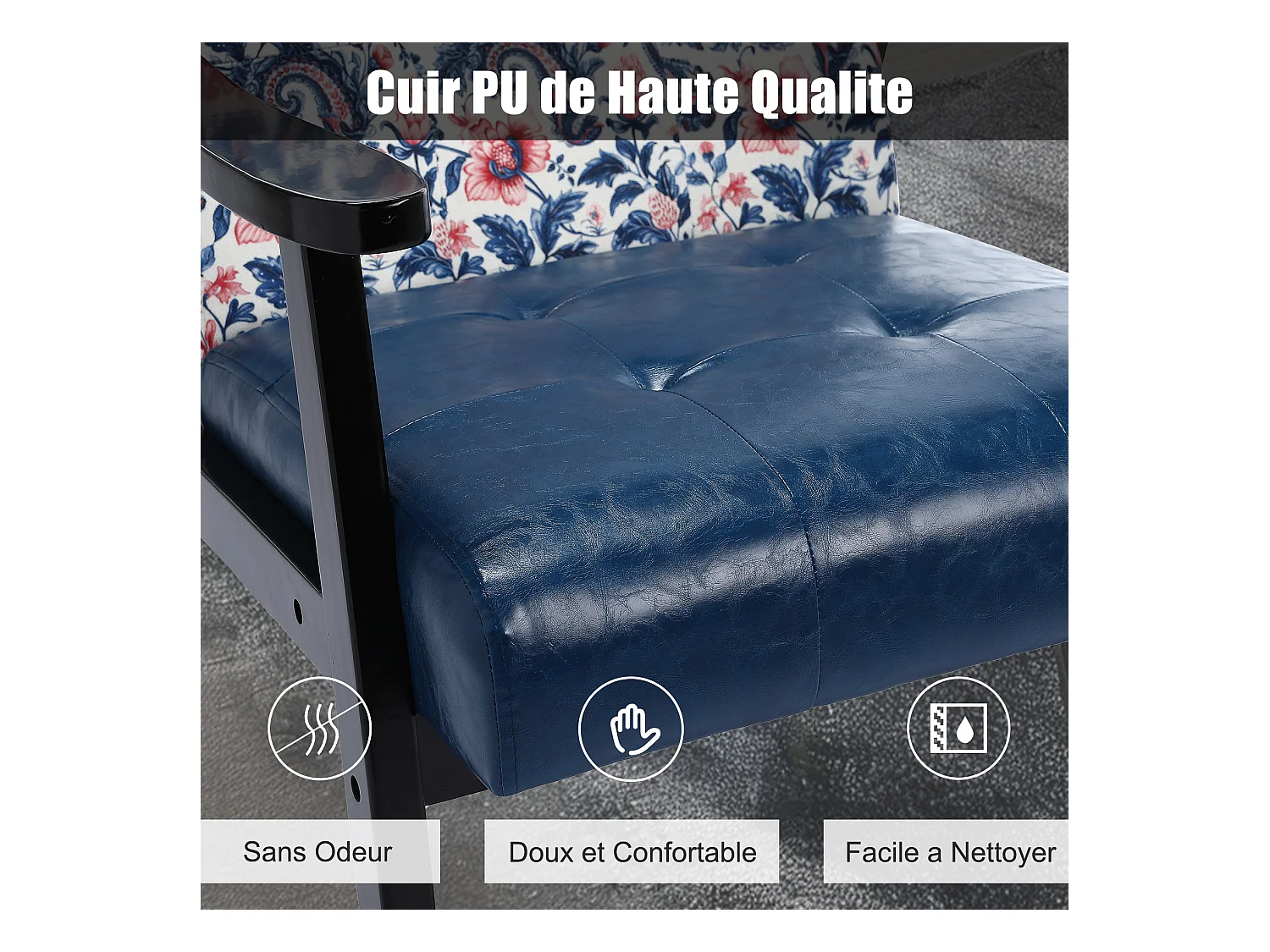 Fauteuil médiéval en bois bleu à motifs imprimés – L 67 x L 76 x H 76 cm
