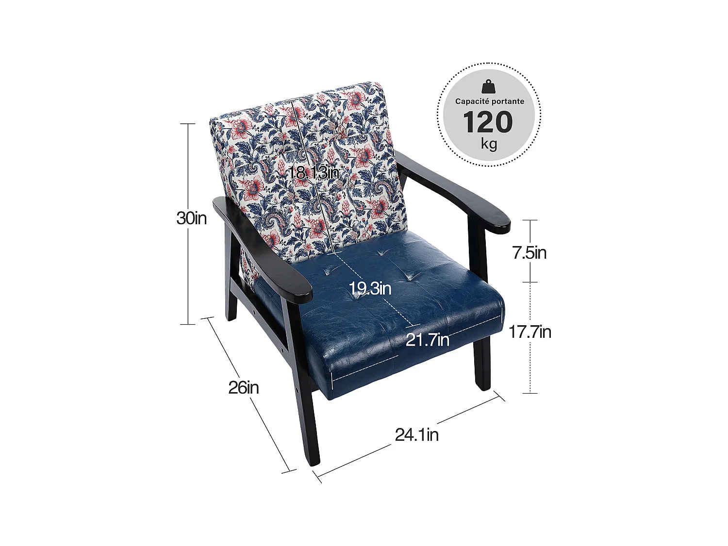 Fauteuil médiéval en bois bleu à motifs imprimés – L 67 x L 76 x H 76 cm