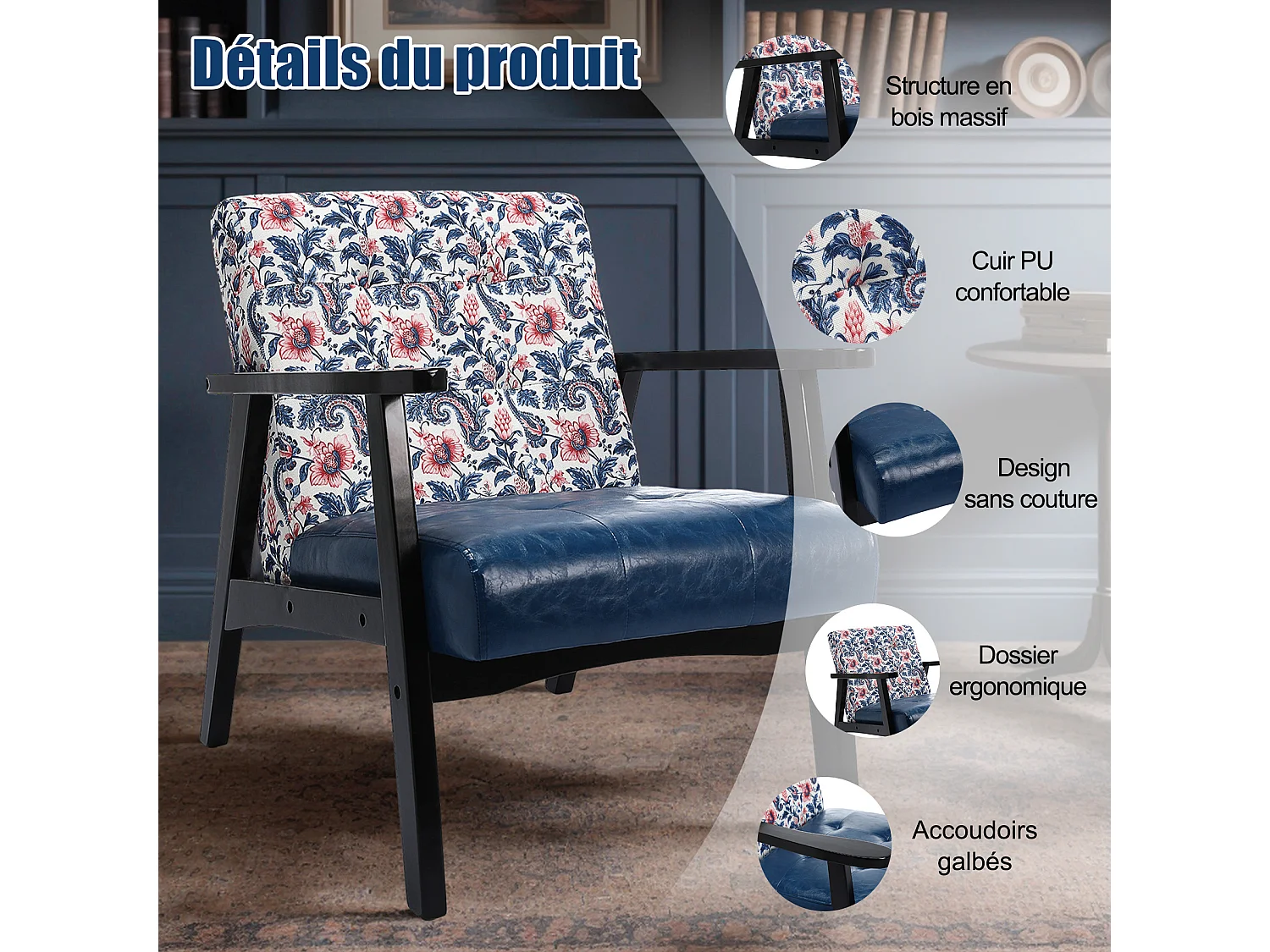 Fauteuil médiéval en bois bleu à motifs imprimés – L 67 x L 76 x H 76 cm