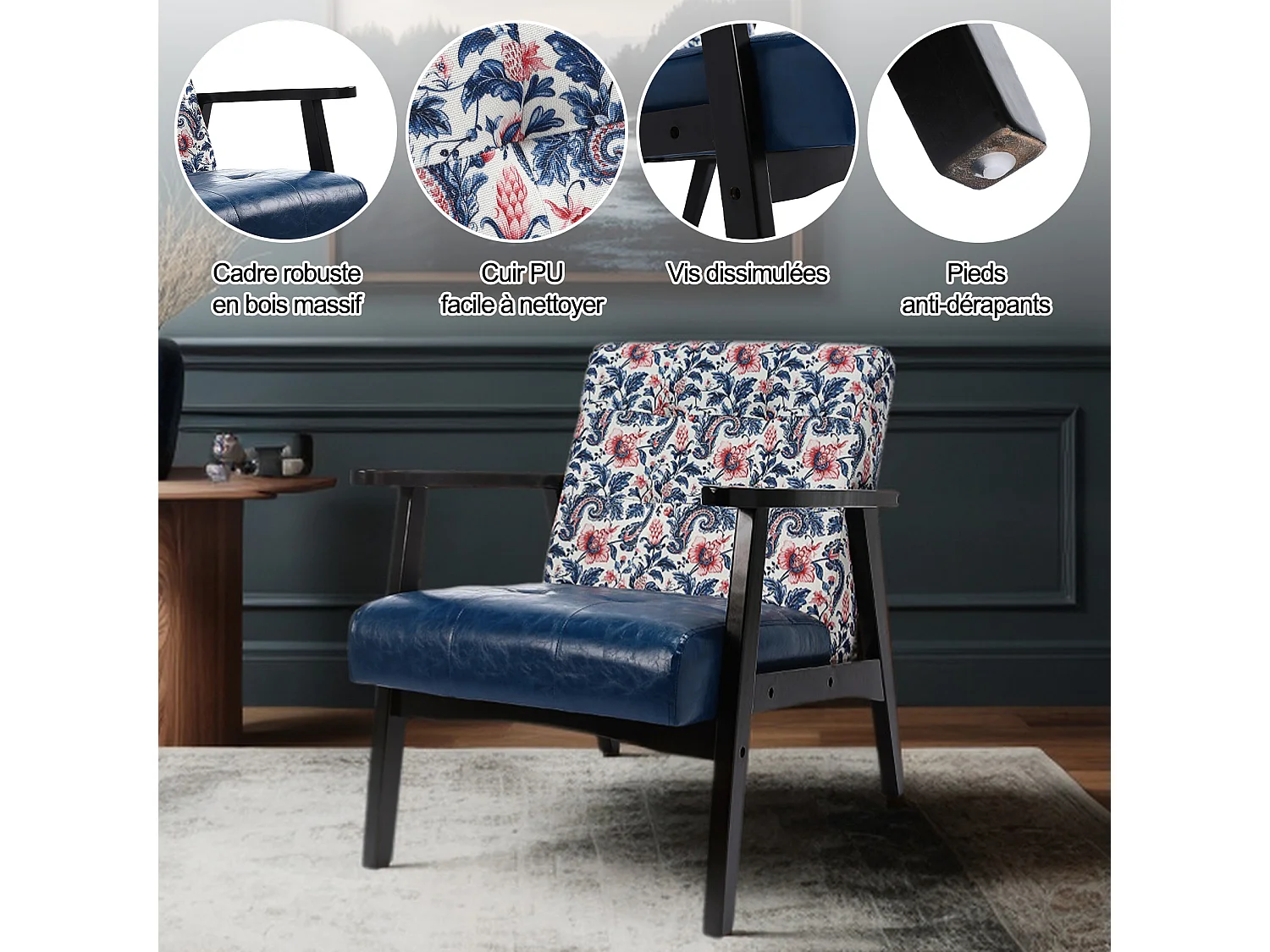 Fauteuil médiéval en bois bleu à motifs imprimés – L 67 x L 76 x H 76 cm