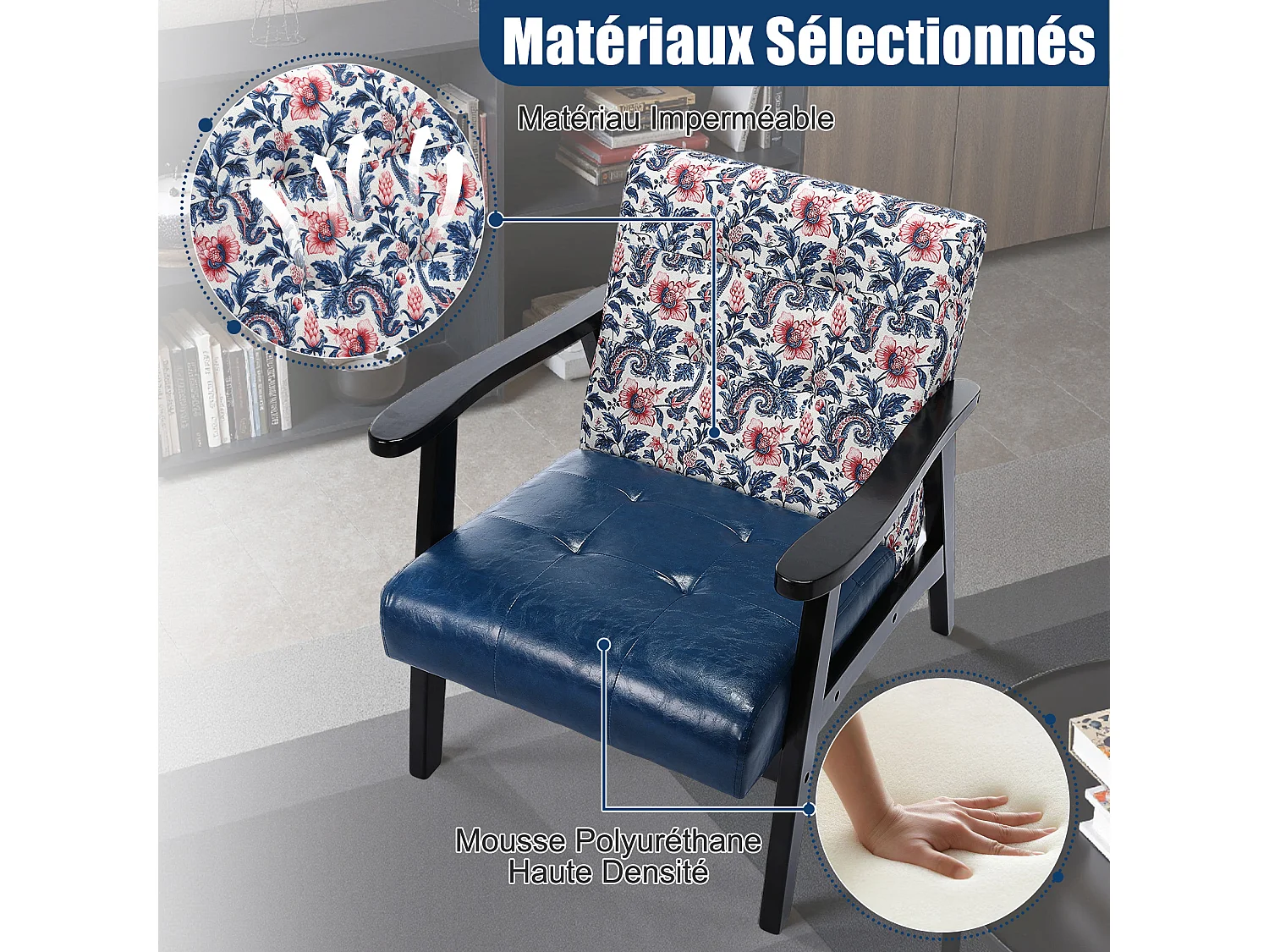 Fauteuil médiéval en bois bleu à motifs imprimés – L 67 x L 76 x H 76 cm