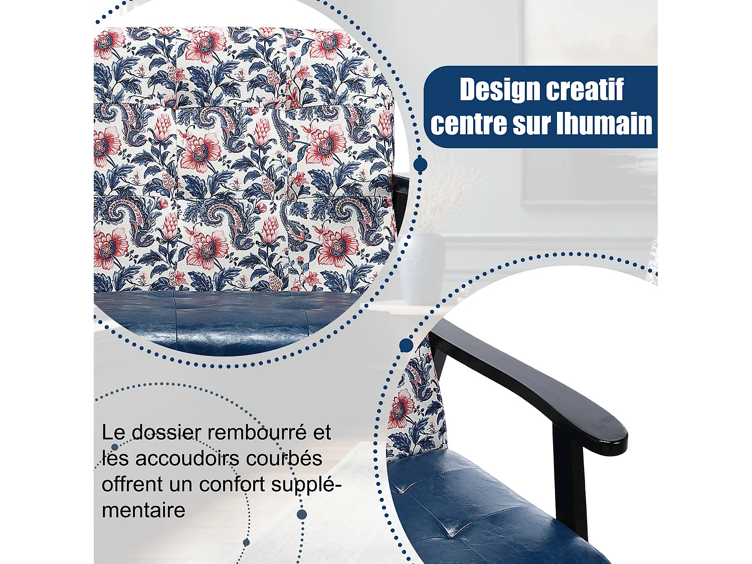 Fauteuil médiéval en bois bleu à motifs imprimés – L 67 x L 76 x H 76 cm