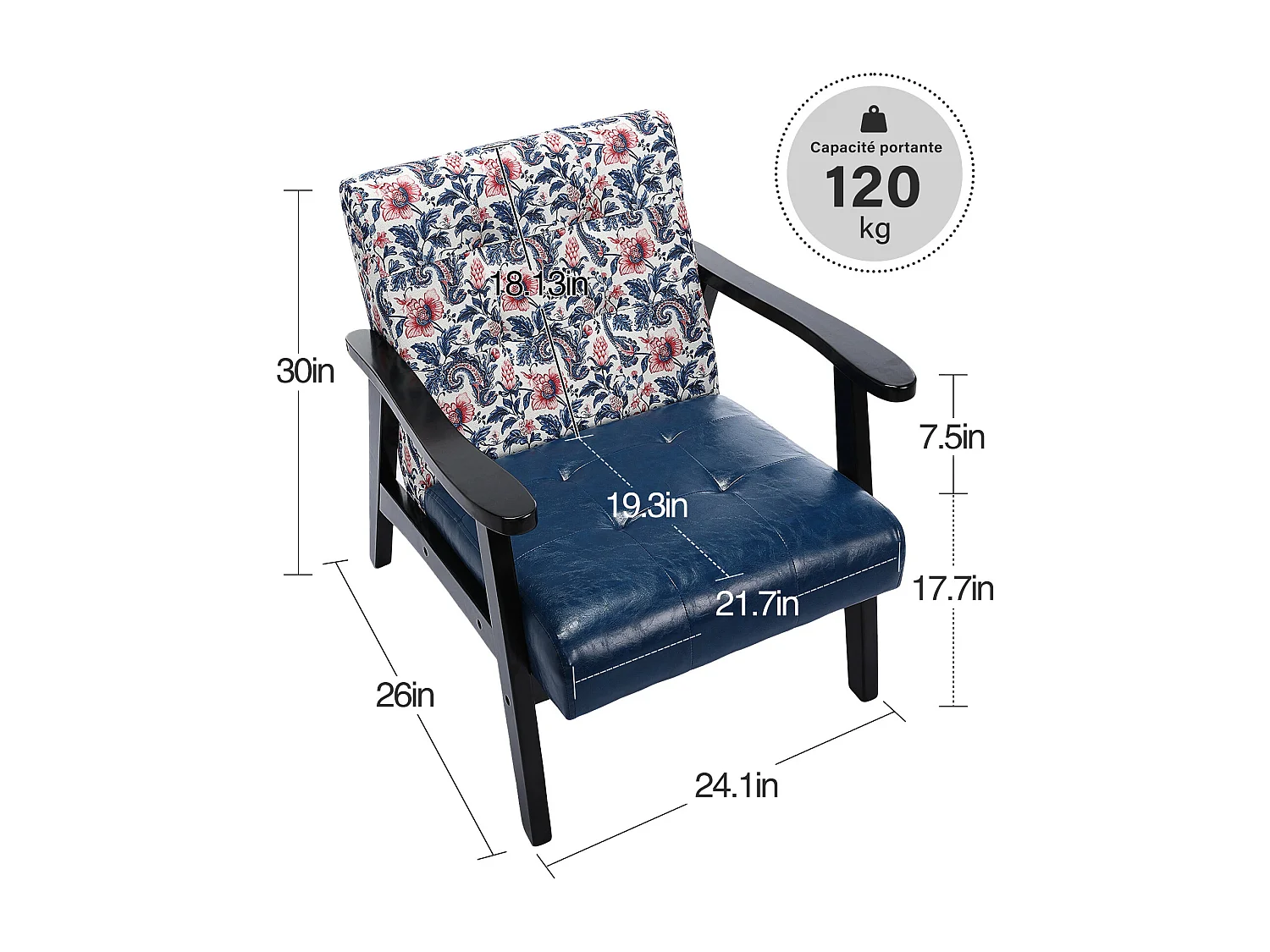 Fauteuil médiéval en bois bleu à motifs imprimés – L 67 x L 76 x H 76 cm