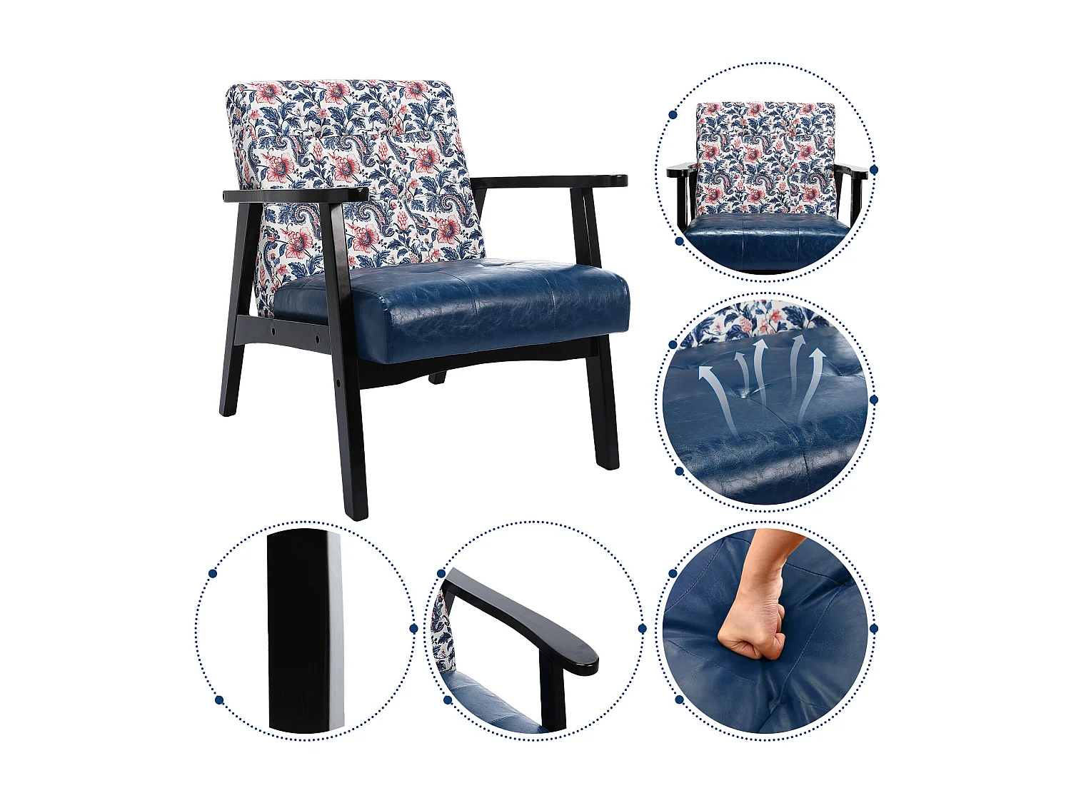 Fauteuil médiéval en bois bleu à motifs imprimés – L 67 x L 76 x H 76 cm