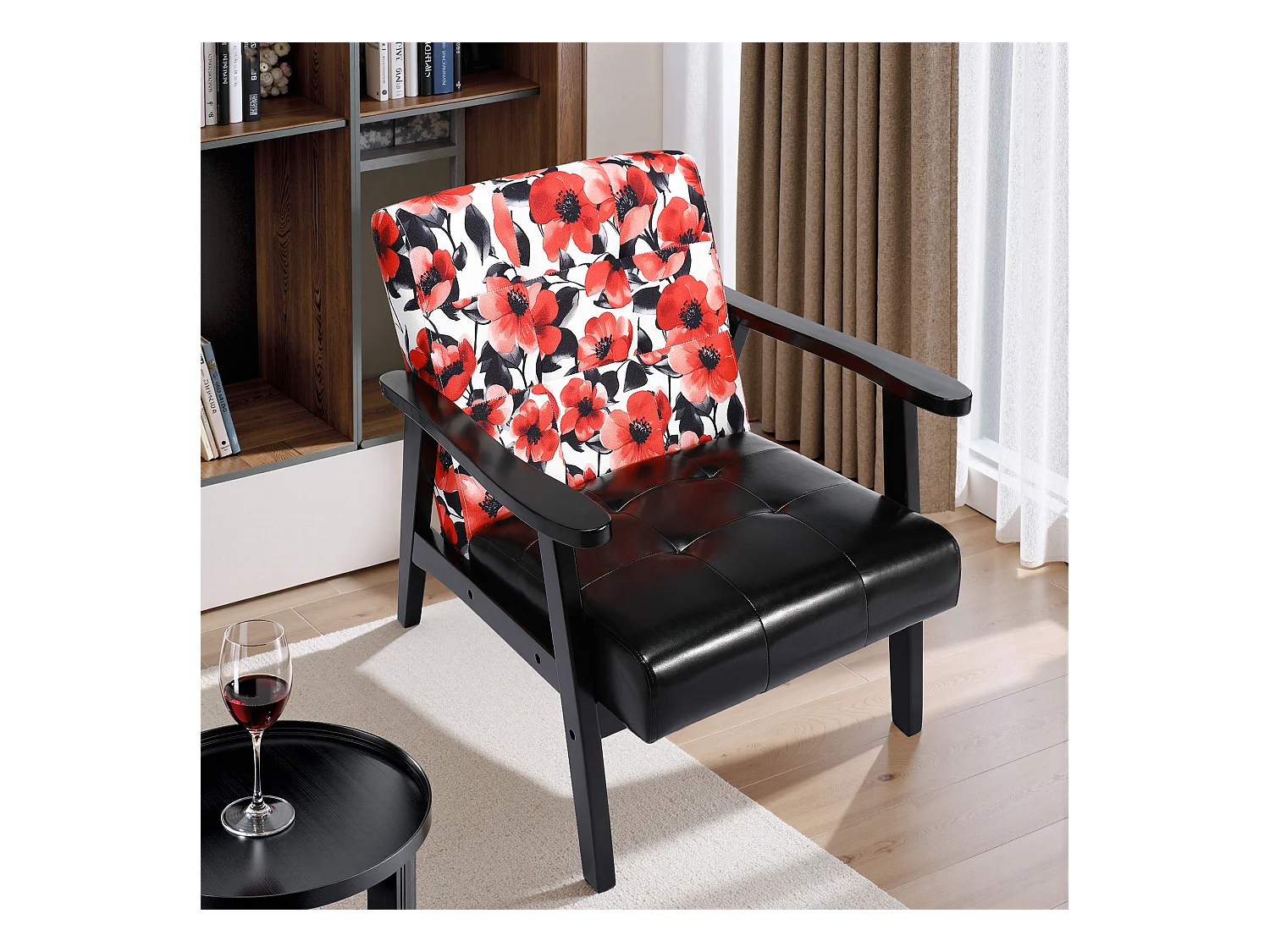 Fauteuil médiéval en bois noir à motifs floraux rouges – L 67 x L 76 x H 76 cm