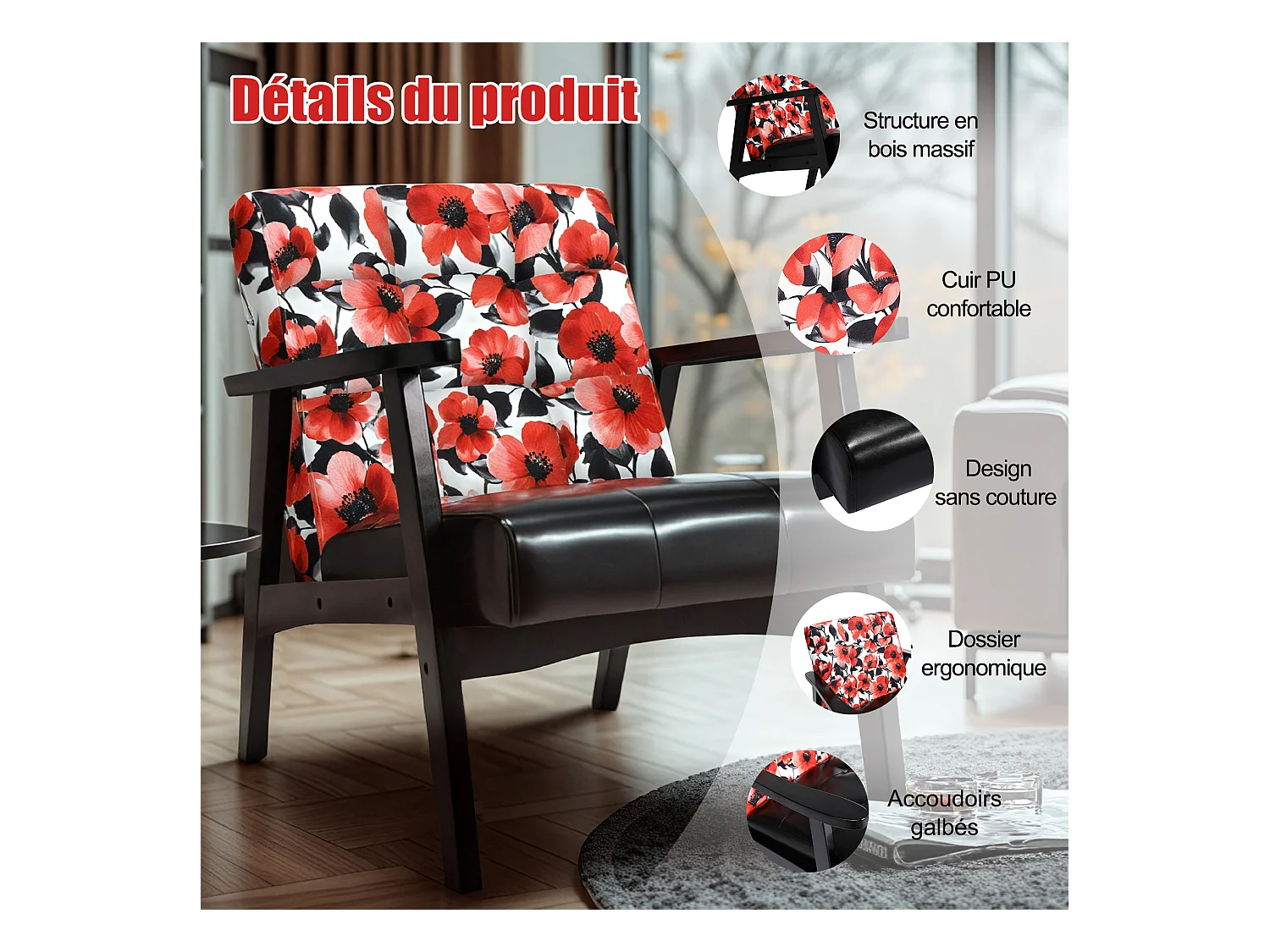 Fauteuil médiéval en bois noir à motifs floraux rouges – L 67 x L 76 x H 76 cm