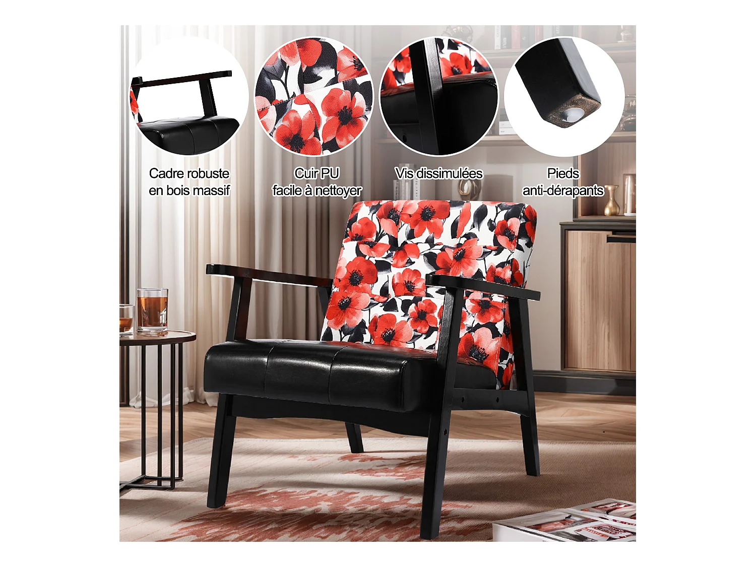 Fauteuil médiéval en bois noir à motifs floraux rouges – L 67 x L 76 x H 76 cm