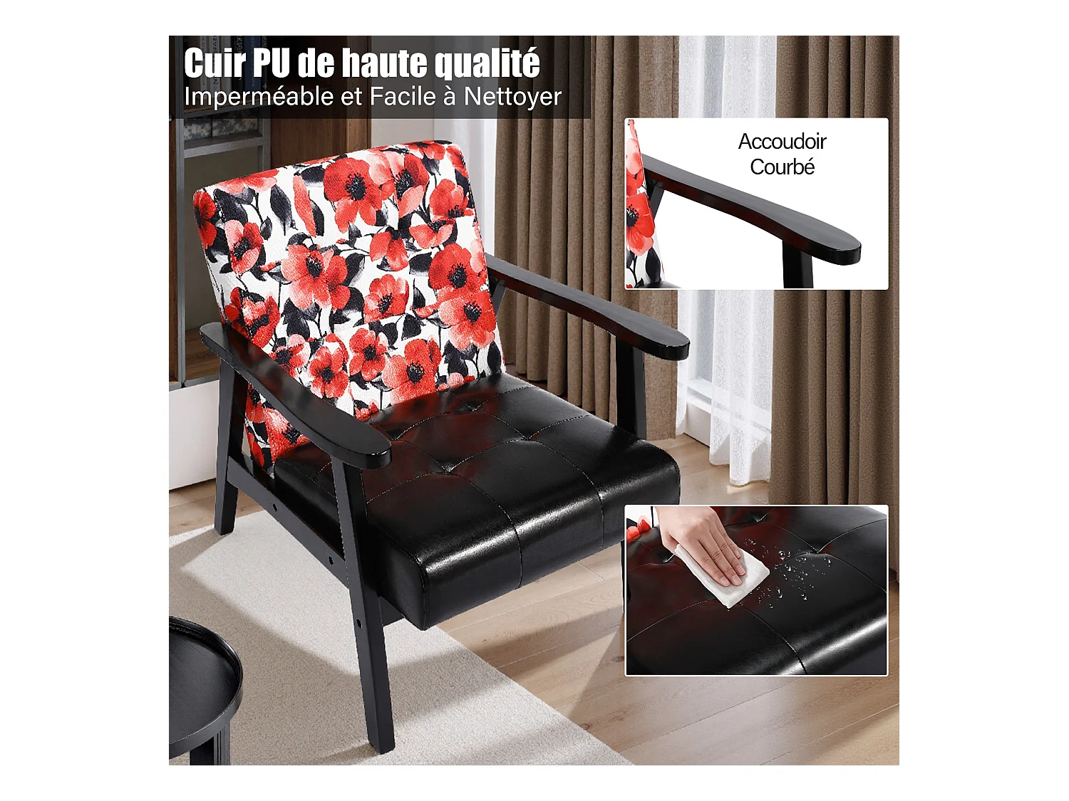 Fauteuil médiéval en bois noir à motifs floraux rouges – L 67 x L 76 x H 76 cm