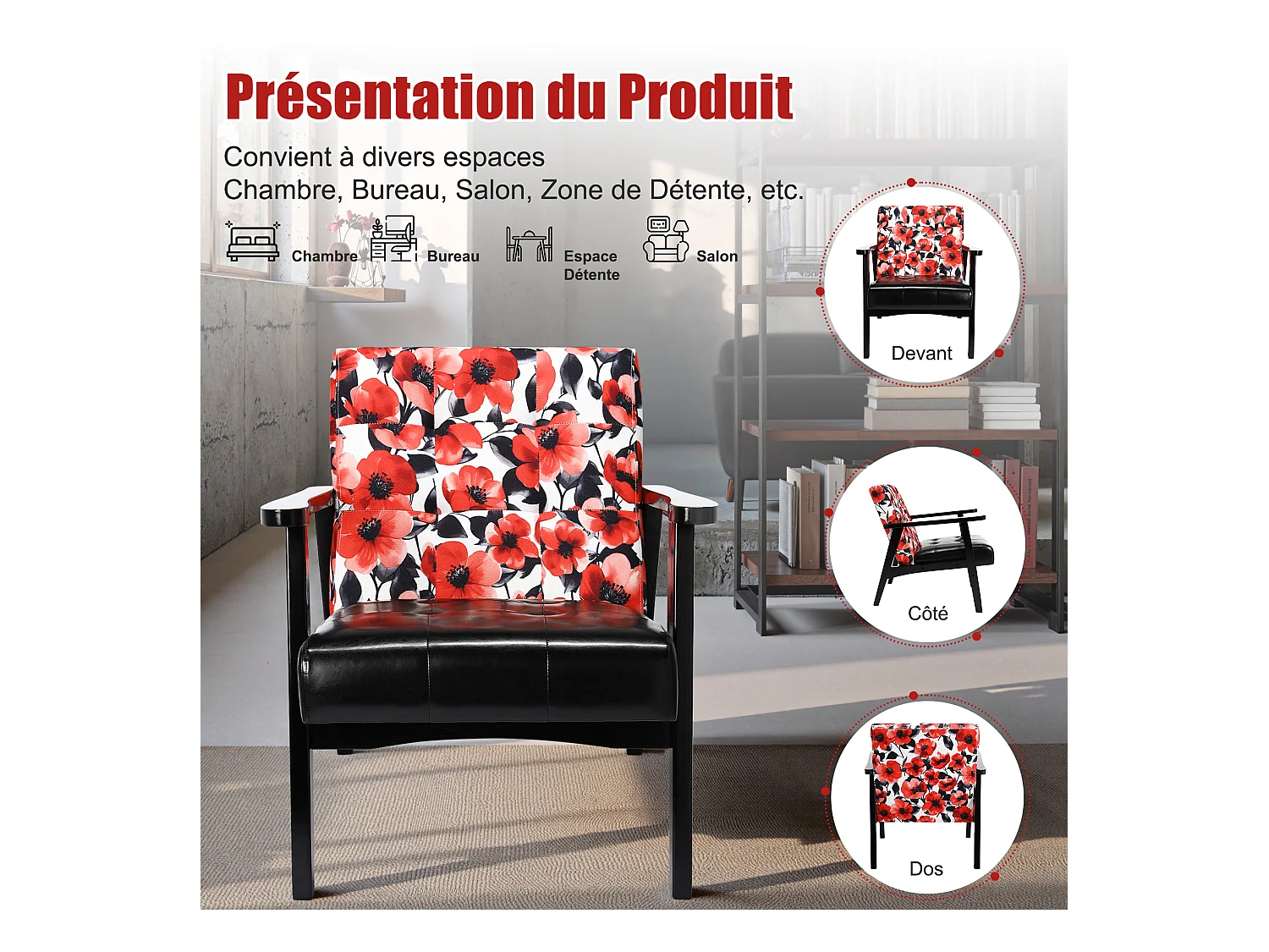 Fauteuil médiéval en bois noir à motifs floraux rouges – L 67 x L 76 x H 76 cm