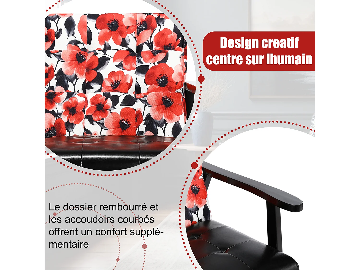 Fauteuil médiéval en bois noir à motifs floraux rouges – L 67 x L 76 x H 76 cm