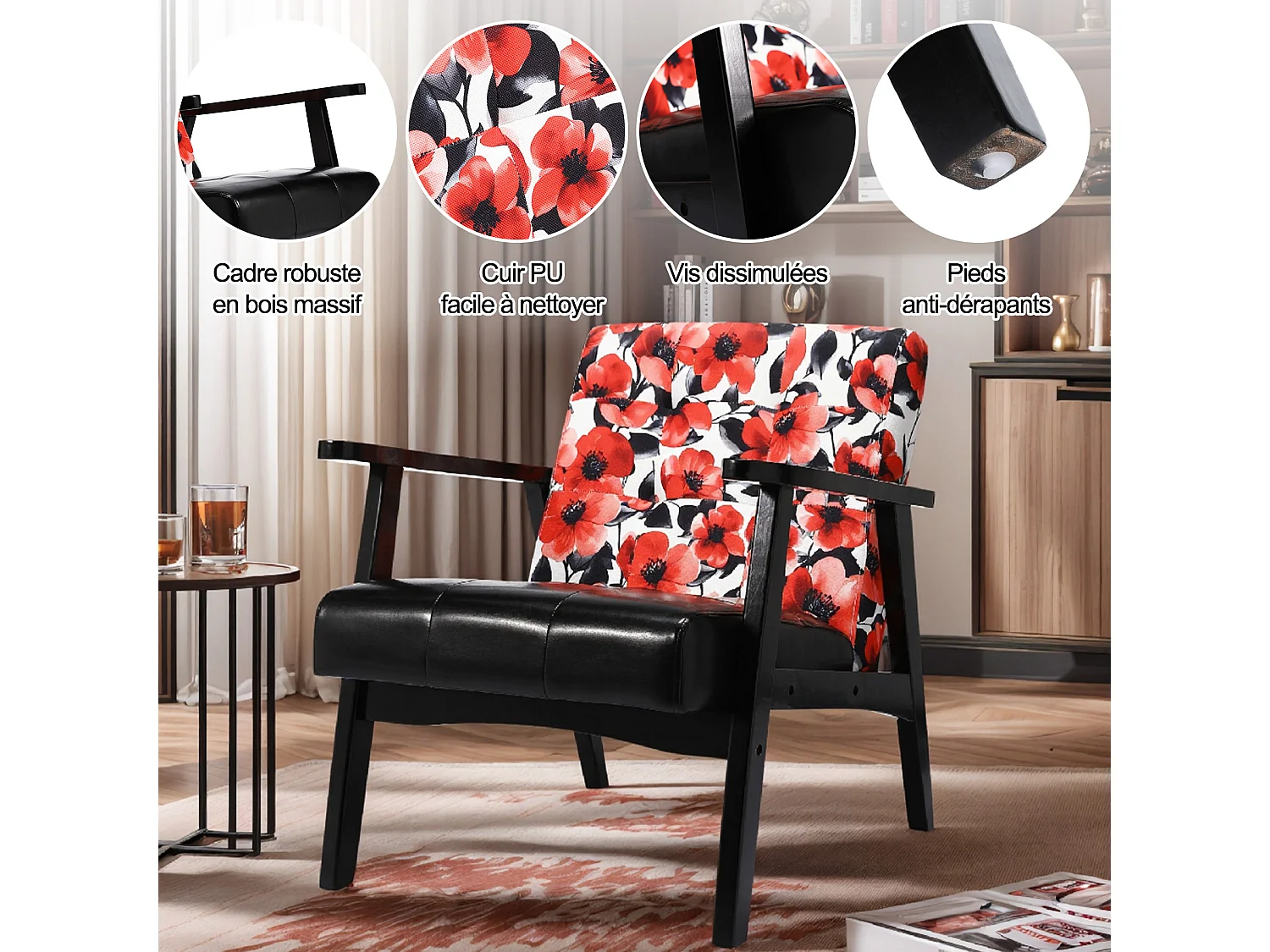 Fauteuil médiéval en bois noir à motifs floraux rouges – L 67 x L 76 x H 76 cm