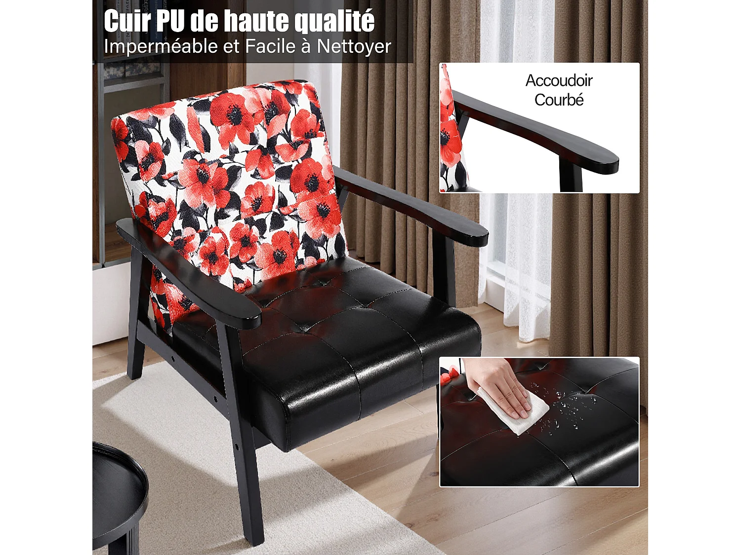 Fauteuil médiéval en bois noir à motifs floraux rouges – L 67 x L 76 x H 76 cm