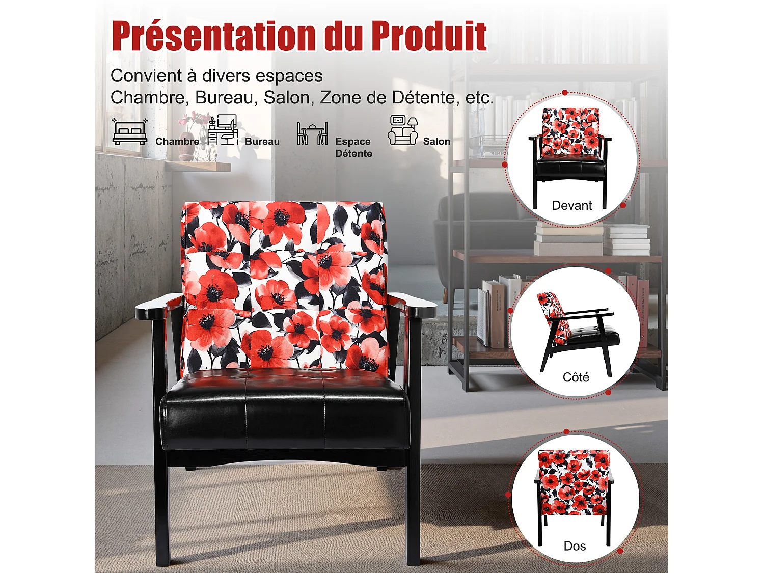 Fauteuil médiéval en bois noir à motifs floraux rouges – L 67 x L 76 x H 76 cm