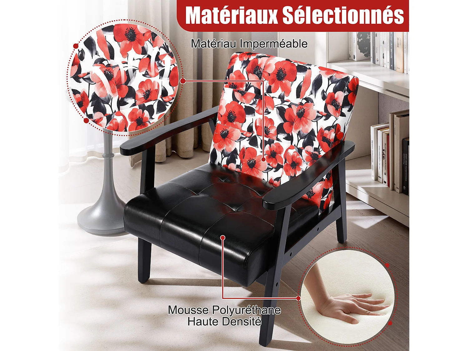 Fauteuil médiéval en bois noir à motifs floraux rouges – L 67 x L 76 x H 76 cm