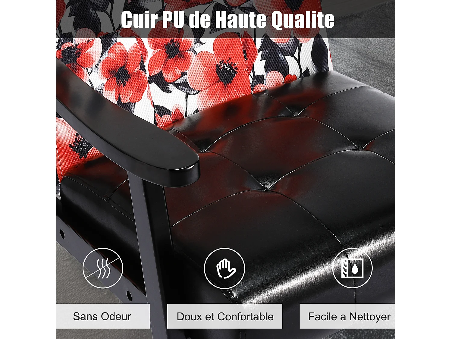 Fauteuil médiéval en bois noir à motifs floraux rouges – L 67 x L 76 x H 76 cm