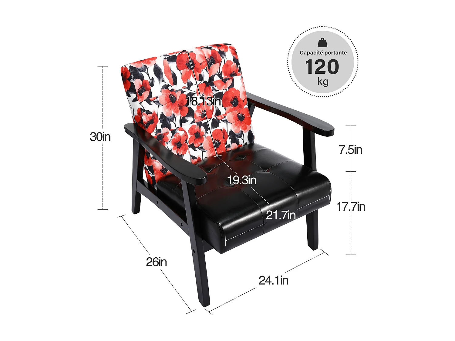 Fauteuil médiéval en bois noir à motifs floraux rouges – L 67 x L 76 x H 76 cm