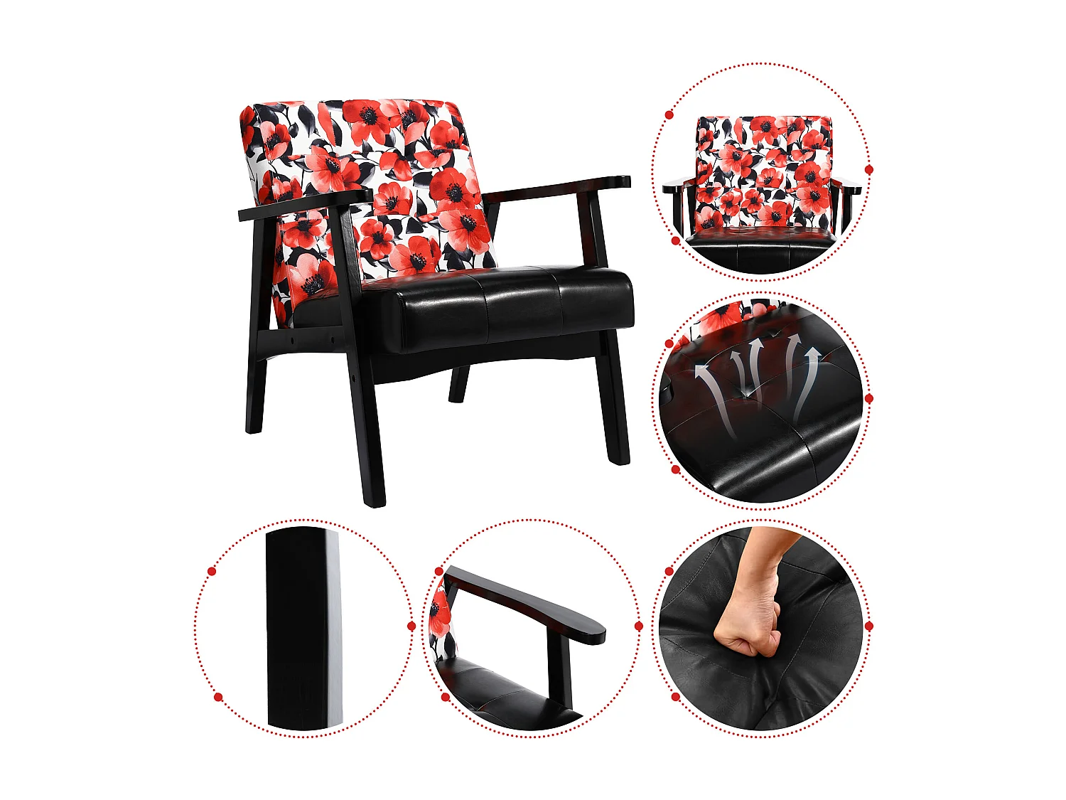 Fauteuil médiéval en bois noir à motifs floraux rouges – L 67 x L 76 x H 76 cm