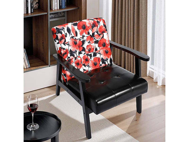 Fauteuil médiéval en bois noir à motifs floraux rouges – L 67 x L 76 x H 76 cm