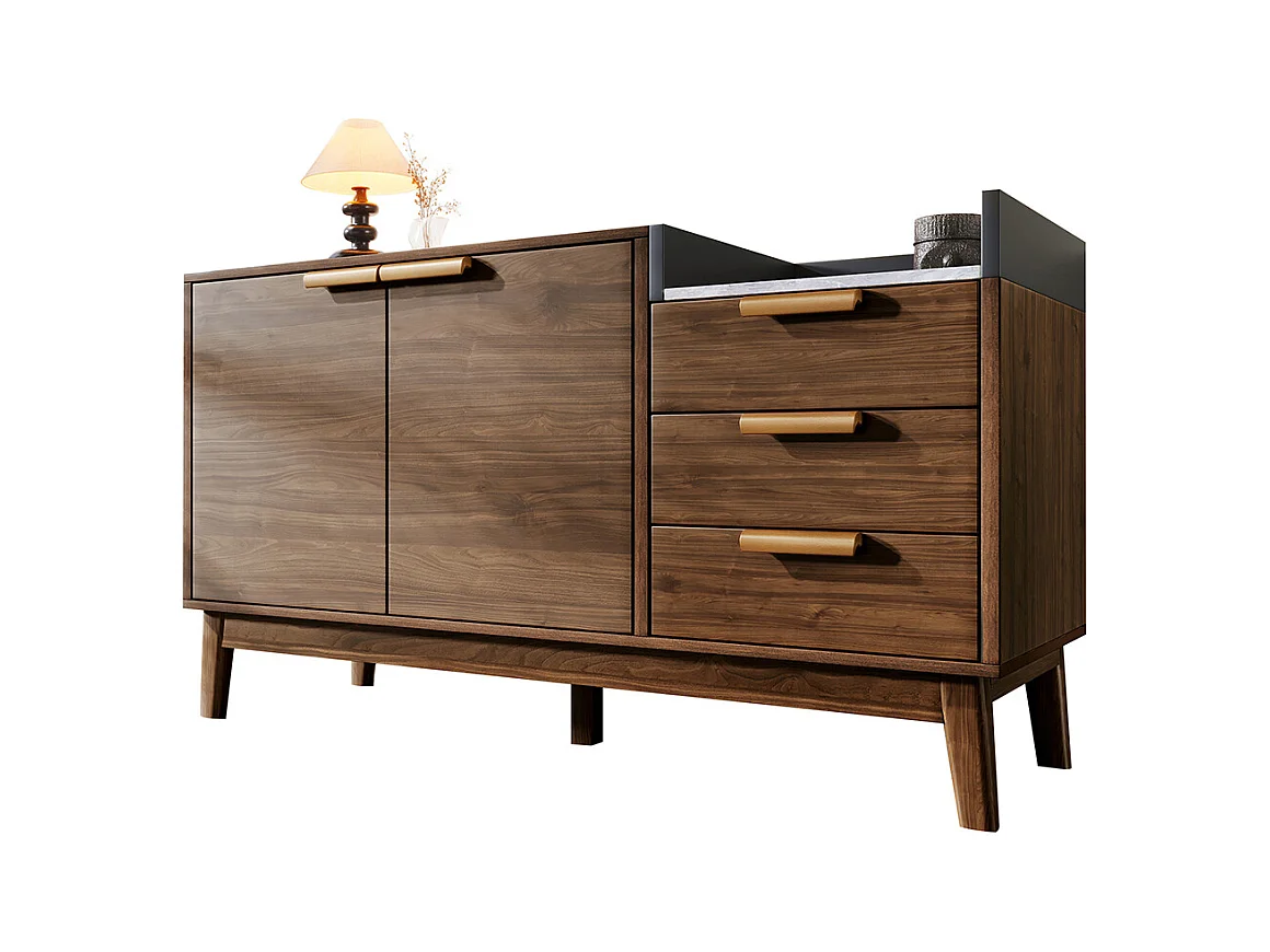 Buffet salon chêne plateau marbre étagère ouverte 3 tiroirs armoire double porte réglable hauteur pieds bois massif