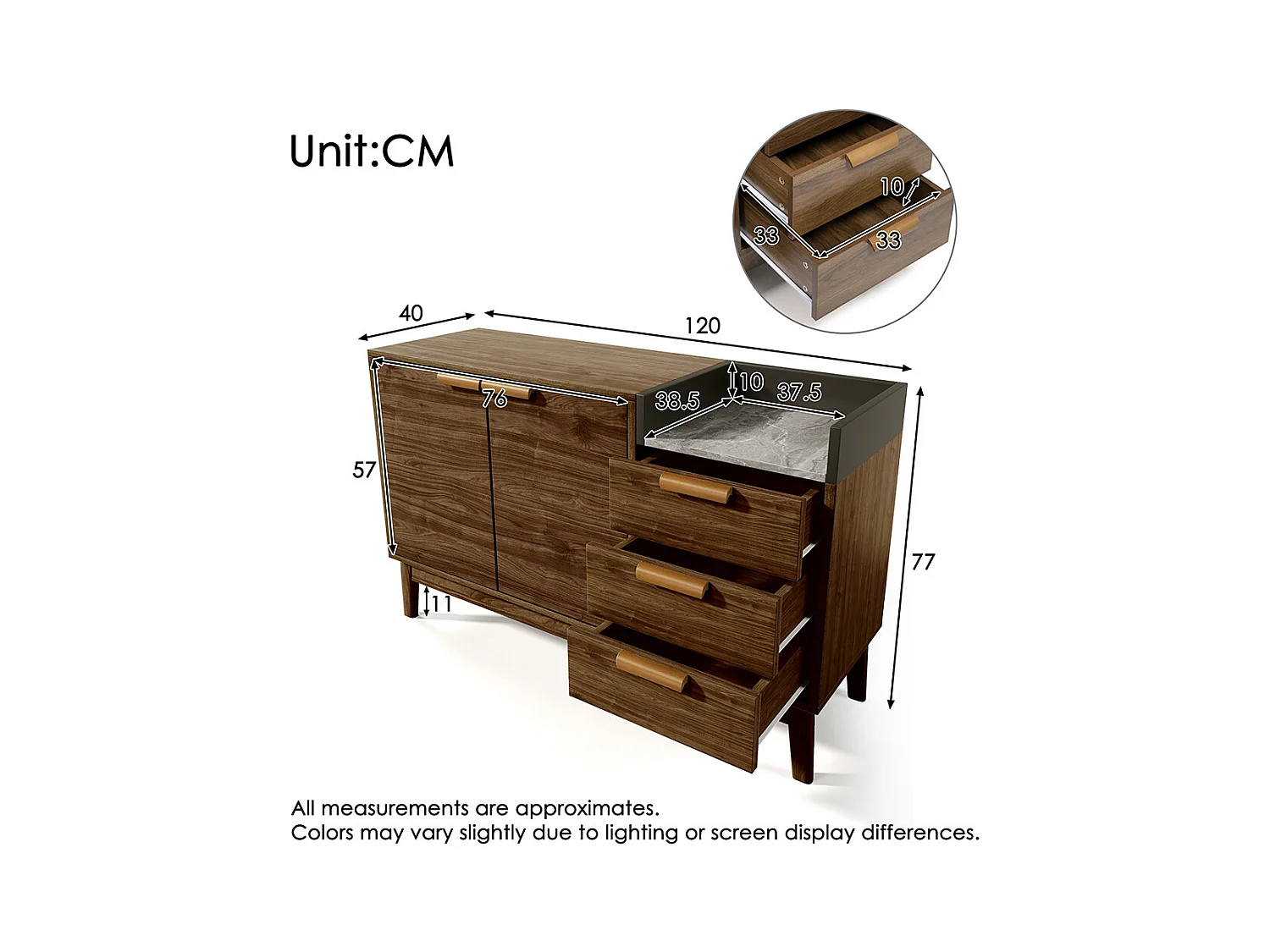 Buffet salon chêne plateau marbre étagère ouverte 3 tiroirs armoire double porte réglable hauteur pieds bois massif