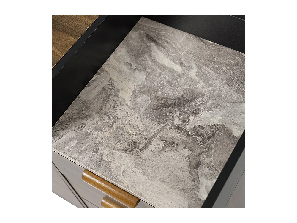 Buffet salon chêne plateau marbre étagère ouverte 3 tiroirs armoire double porte réglable hauteur pieds bois massif