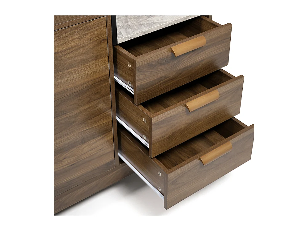 Buffet salon chêne plateau marbre étagère ouverte 3 tiroirs armoire double porte réglable hauteur pieds bois massif