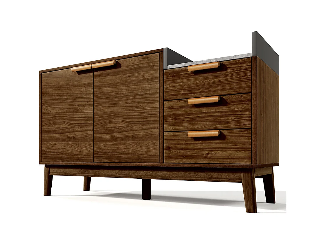 Buffet salon chêne plateau marbre étagère ouverte 3 tiroirs armoire double porte réglable hauteur pieds bois massif