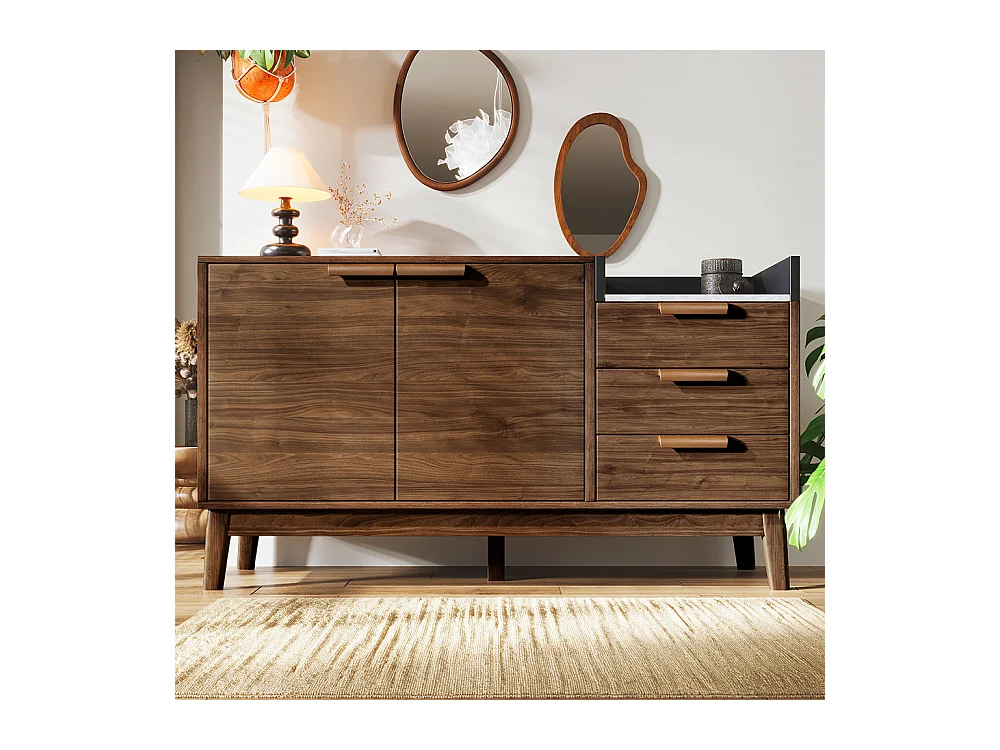 Buffet salon chêne plateau marbre étagère ouverte 3 tiroirs armoire double porte réglable hauteur pieds bois massif