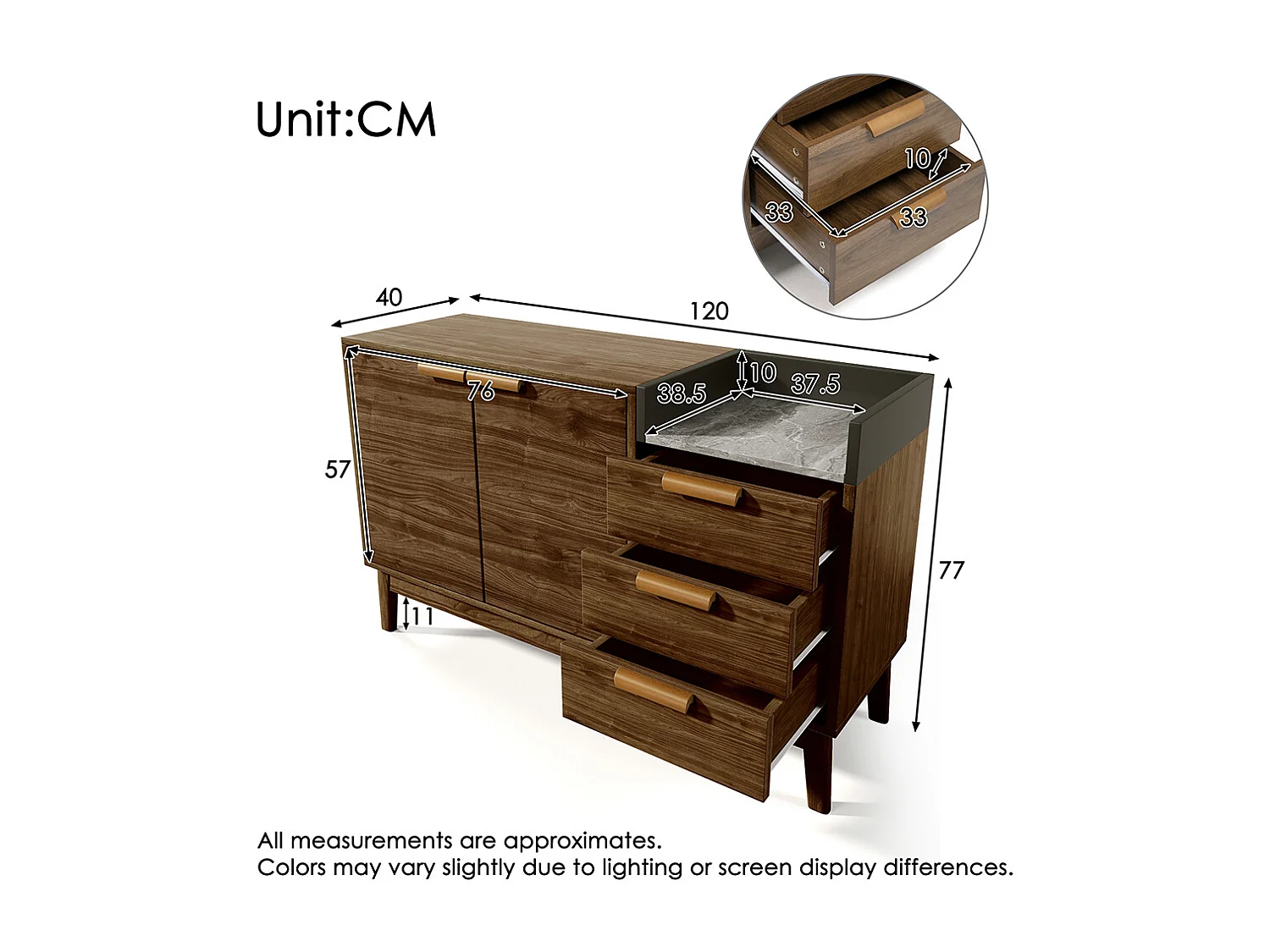 Buffet salon chêne plateau marbre étagère ouverte 3 tiroirs armoire double porte réglable hauteur pieds bois massif