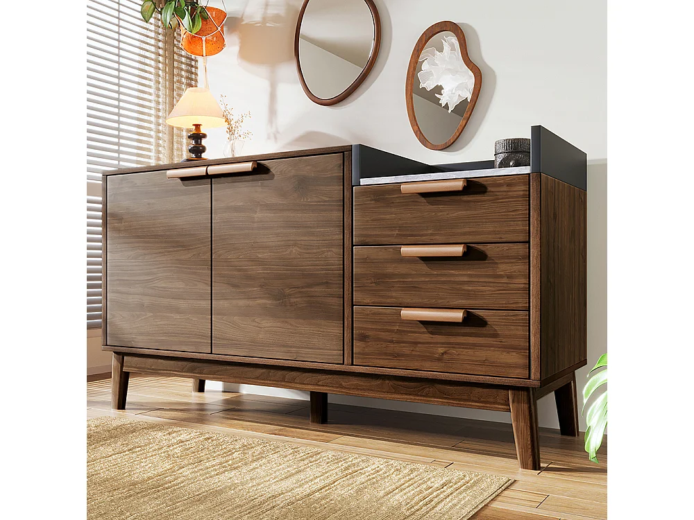 Buffet salon chêne plateau marbre étagère ouverte 3 tiroirs armoire double porte réglable hauteur pieds bois massif