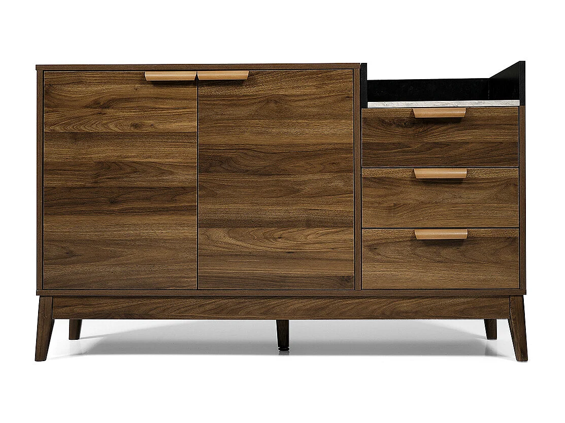 Buffet salon chêne plateau marbre étagère ouverte 3 tiroirs armoire double porte réglable hauteur pieds bois massif