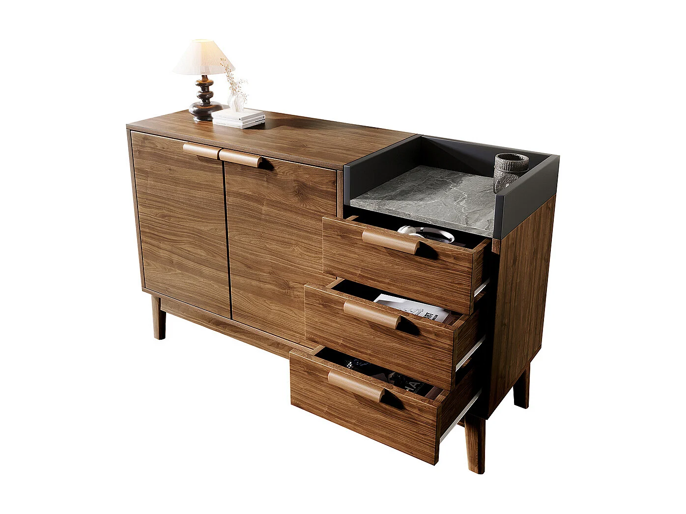 Buffet salon chêne plateau marbre étagère ouverte 3 tiroirs armoire double porte réglable hauteur pieds bois massif