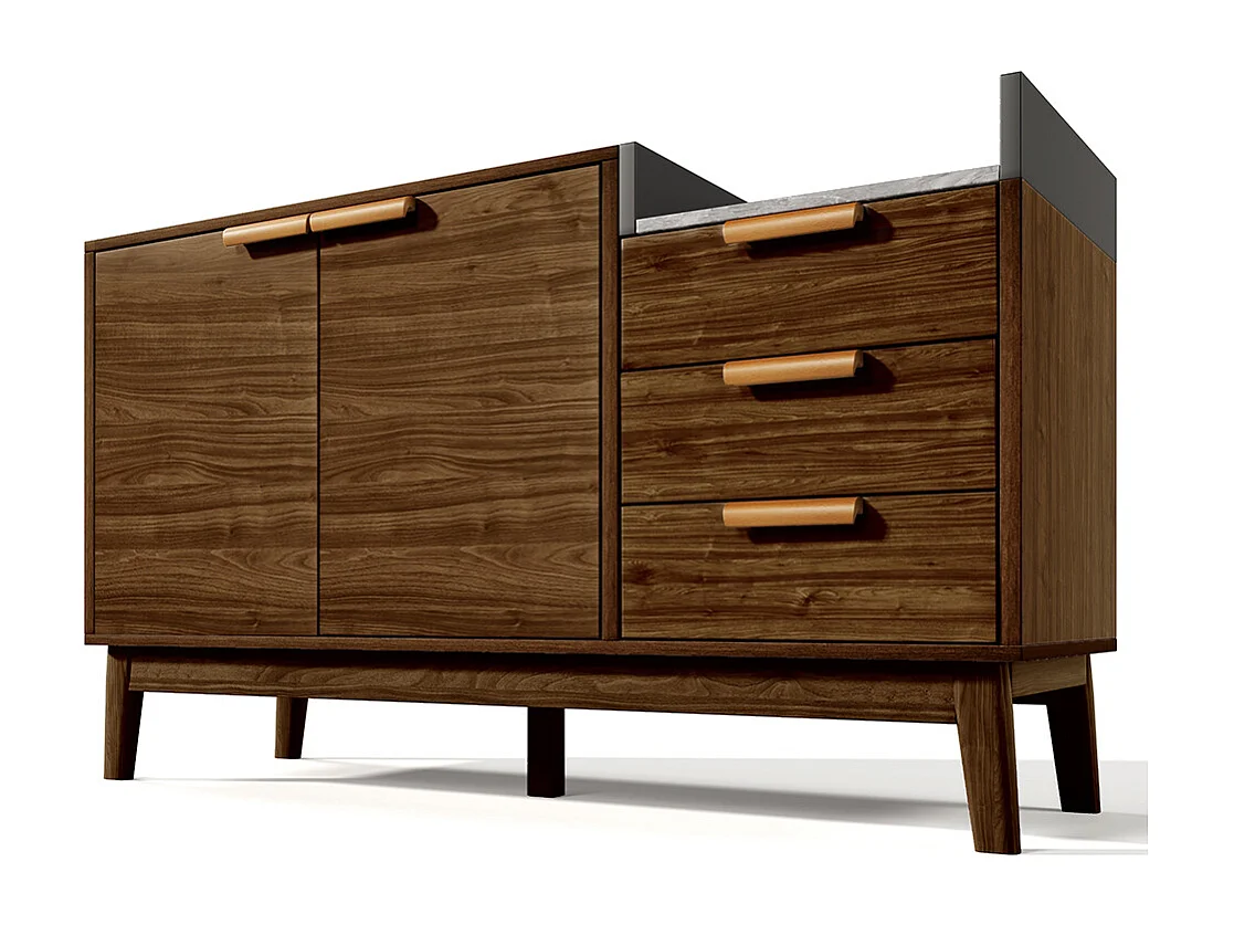 Buffet salon chêne plateau marbre étagère ouverte 3 tiroirs armoire double porte réglable hauteur pieds bois massif