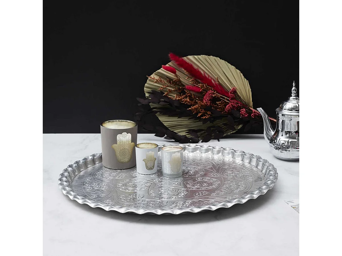 Plateau Décoratif Ø47,5cm en Métal Argenté Motif Ornemental - MARRAKECH