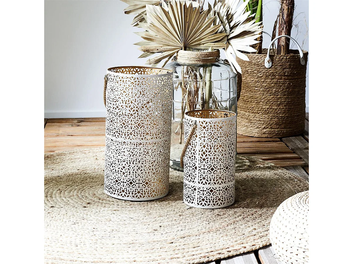 Duo de Lanternes Métal Ajouré Blanc et Or - SARAH